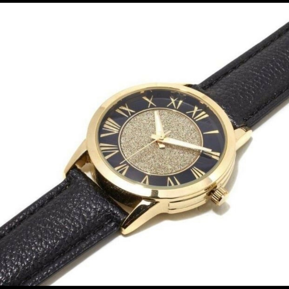 Croton Black leather Manhattan Gold tone watch